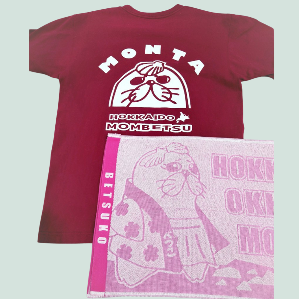 17-91 ゆるキャラ紋太・べつこグッズ(Tシャツ[バーガンディーM]、タオル[ピンク])