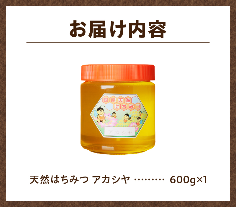 【北海道滝川産】高見養蜂場の純粋はちみつ(アカシヤ600g×1本)｜国産 日本製 天然 無添加 純粋 非加熱 生はちみつ ミツバチ ハニー 栄養 健康 美容 ビタミン ミネラル 抗生物質 プロポリス アミノ酸 濃厚 ギフト 贈答