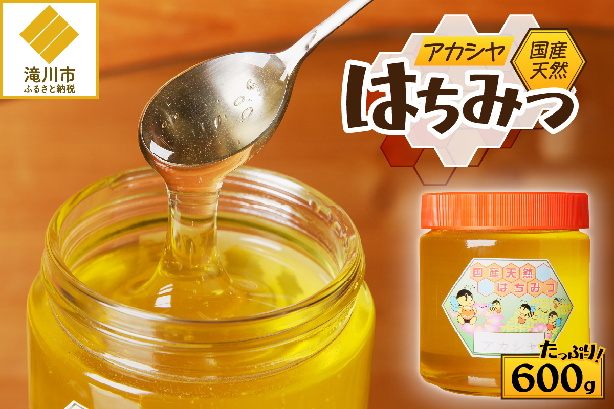 【北海道滝川産】高見養蜂場の純粋はちみつ(アカシヤ600g×1本)｜国産 日本製 天然 無添加 純粋 非加熱 生はちみつ ミツバチ ハニー 栄養 健康 美容 ビタミン ミネラル 抗生物質 プロポリス アミノ酸 濃厚 ギフト 贈答