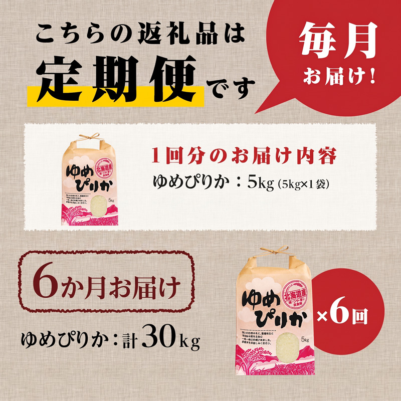 《令和7年産》6ヶ月連続お届け!ゆめぴりか5kg | 特A 白米 ブランド米 米 こめ コメ お米 ご飯 ごはん 単一米 滝川市 北海道 北海道産 道産 北海道米 定期便 生活応援 送料無料 おすすめ 人気 お弁当 贈答