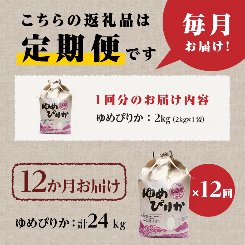 《令和7年産》12ヶ月連続お届け!ゆめぴりか2kg | 特A 白米 ブランド米 米 こめ コメ お米 ご飯 ごはん 単一米 滝川市 北海道 北海道産 道産 北海道米 定期便 生活応援 送料無料 おすすめ 人気 お弁当 贈答