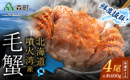 北海道・噴火湾産 冷凍ボイル毛ガニ 400g前後×4尾＜海鮮問屋　株式会社　瑞宝＞ かに カニ 蟹 ガニ がに 森町 ふるさと納税 北海道 毛蟹 毛かに 毛ガニ 毛カニ mr1-1471