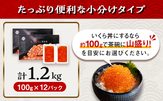 100gの小分けが便利  いくら 醤油漬け 100g×12パック （鱒卵） いくら イクラ 小分け 醤油漬け 鱒卵 森町 いくら醤油漬け しょうゆ漬け 海産物 加工品 ふるさと納税 北海道 ＜ワイエスフーズ＞ mr1-1283