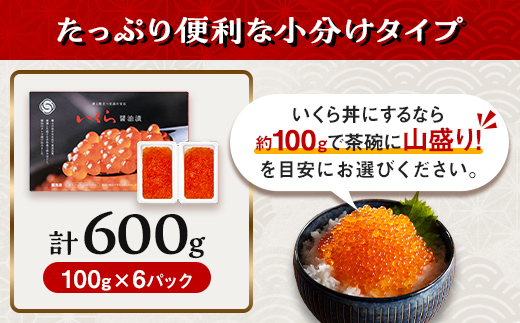 100gの小分けが便利  いくら 醤油漬け 小分け 100g×6パック （鱒卵） いくら イクラ 小分け 醤油漬け 鱒卵 森町 いくら醤油漬け しょうゆ漬け 海産物 加工品 ふるさと納税 北海道 ＜ワイエスフーズ＞ mr1-1226