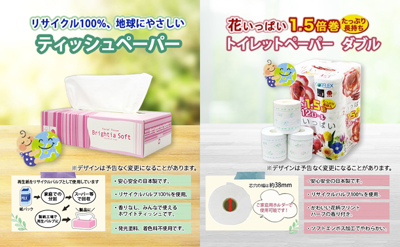 定期便 全12回 長持ち 1.5倍巻き 花いっぱい トイレットペーパー ダブル 45ｍ 24ロール & ブライティア ソフト ボックスティッシュ 200組 400枚 5箱  全18種 花柄 プリント 香り付き 日本製 まとめ買い 防災 常備品 消耗品 備蓄 北海道