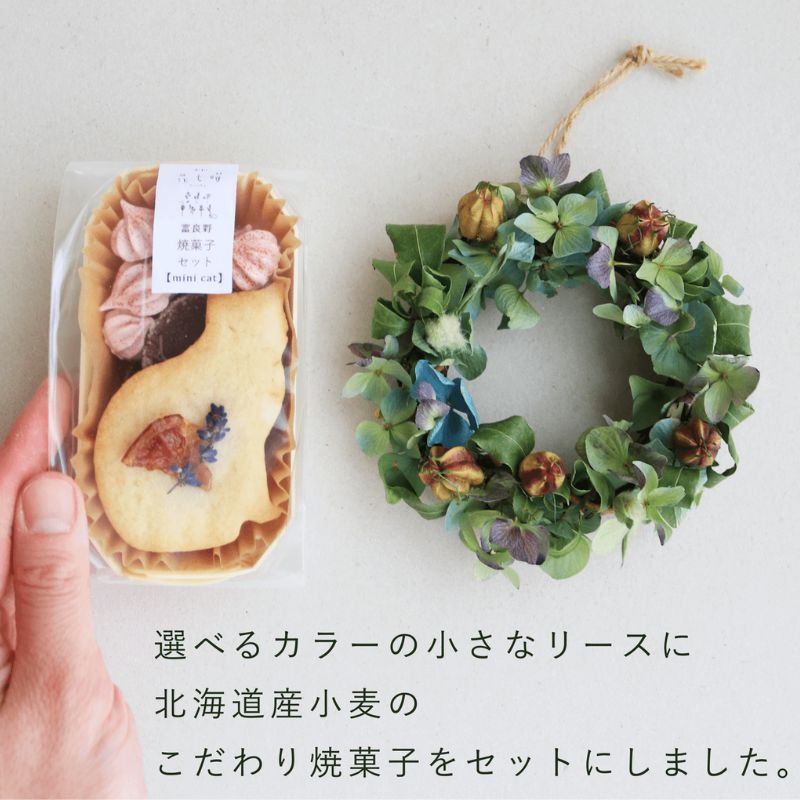 富良野 花七曜 リースと焼菓子セット Cat mini ラベンダー あじさい ◆ ドライフラワー