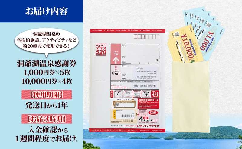 洞爺湖温泉感謝券 45000円 分 金券 クーポン 洞爺湖 湖 温泉 リゾート 有珠山 火山 自然 花火 イルミネーション 旅行 観光 宿泊 施設 宿 アクティビティ 体験 チケット 送料無料 北海道 洞爺湖町 