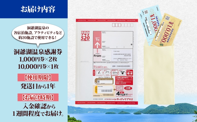 洞爺湖温泉感謝券 12000円 分 金券 クーポン 洞爺湖 湖 温泉 リゾート 有珠山 火山 自然 花火 イルミネーション 旅行 観光 宿泊 施設 宿 アクティビティ 体験 チケット 送料無料 北海道 洞爺湖町 