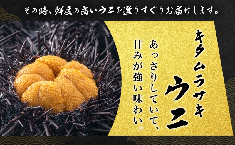 ミョウバン不使用 塩水 ウニ100g 1パック 7月下旬頃までお届け [水揚げ後 順次出荷] キタムラサキウニ うに ウニ 雲丹 ムラサキウニ 北海道産 魚貝 魚介 海鮮 海産 小川商店 送料無料 北海道 洞爺湖