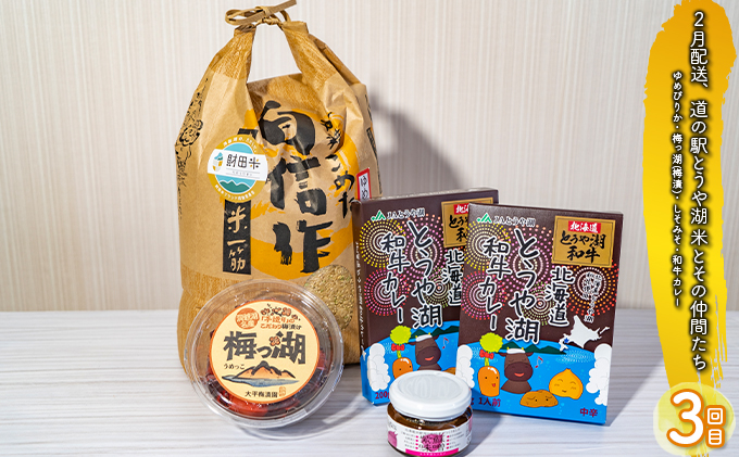 道の駅とうや湖 季節の味覚セット10月・12月・2月計3回お届け定期便 野菜 ゆめぴりか 北海道 洞爺湖町 秋の味覚 冬の味覚 梅漬け 和牛カレー 旬の味覚 