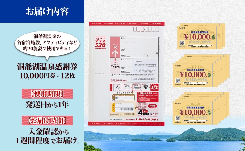 洞爺湖温泉感謝券 120000円 分 金券 クーポン 洞爺湖 湖 温泉 リゾート 有珠山 火山 自然 花火 イルミネーション 旅行 観光 宿泊 施設 宿 アクティビティ 体験 チケット 送料無料 北海道 洞爺湖町