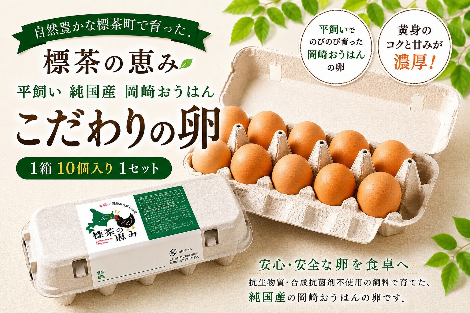 【限定50セット】標茶の恵み「平飼い 純国産 岡崎おうはん　こだわりの卵１箱 10個入り1セット」
