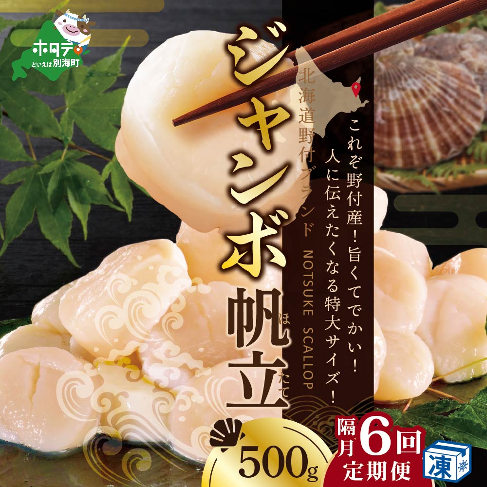 【隔月6ヶ月定期便】北海道 野付産 冷凍 ホタテ 貝柱 ジャンボホタテ500g 濃厚な旨味と甘み （ほたて ホタテ 帆立 貝柱 ホタテ貝柱 大玉 大粒 北海道 別海 野付 ふるさと納税）