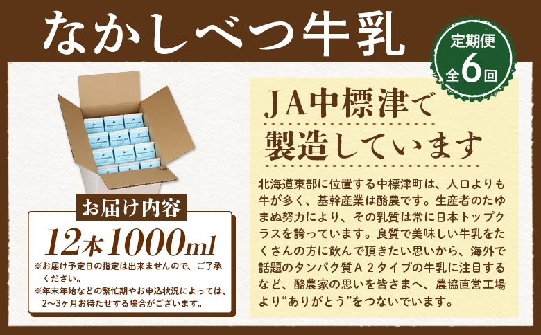 【定期便：全6回】北海道なかしべつ牛乳 1L×12本【14060】