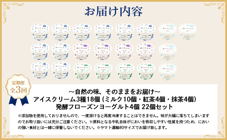 【定期便：全3回】【無添加】北海道 アイスクリーム3種×18個（ミルク・紅茶・抹茶）とフローズンヨーグルト×4個セット【1105603】