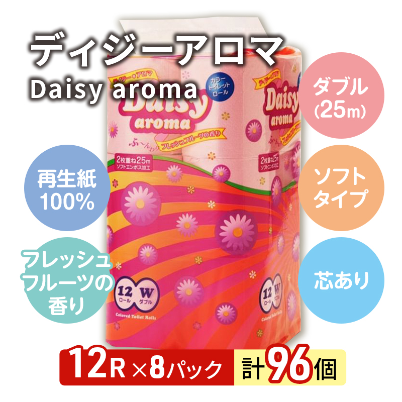 トイレットペーパー ダブル 96ロール 12個 × 8パック デイジーアロマ 再生紙 100％ 芯あり 日用品 消耗品 微香 生活用品 備蓄 秋田県 能代市 送料無料 《能代製紙》