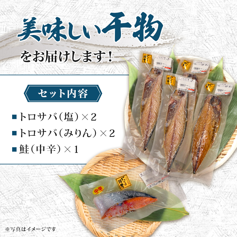 干物小セットA 5品 ＜トロさば（塩）×2 トロさば（みりん）×2 鮭（中辛)×1＞【 にかほ市 干物 干し物 魚 贈り物 晩御飯 おつまみ 冷凍 保存 】