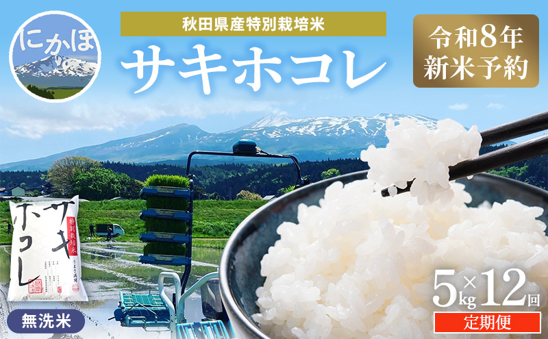 【令和8年産 新米予約】≪12ヵ月定期便≫【無洗米】秋田県産特別栽培米サキホコレ5kg×1袋 新米 お米 おこめ 精米 定期便 特別栽培米