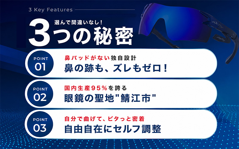 鼻パッドのないサングラス「AirFly（エアフライ）」AF-301BK 《偏光レンズ》 C-34 BKPBMクリアーアッシュ
