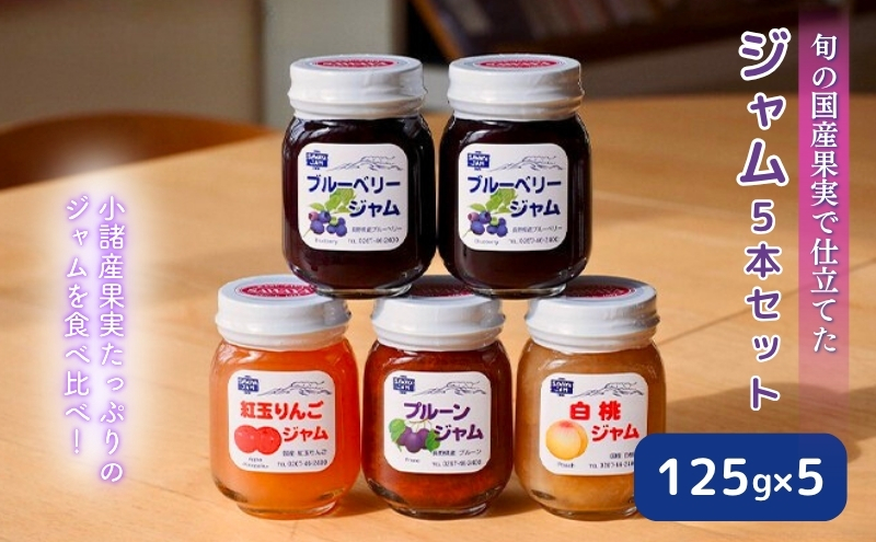 ジャム 果実使用 125g 5本 セット 信州小諸産 ブルーベリー プルーン 白桃 りんご 長野 加工品 フルーツ 果物 