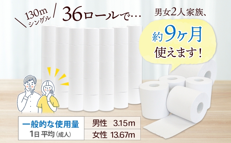 定期便 3ヶ月毎3回 無包装 芯なしトイレットペーパー シングル 130m 36ロール 紙 2倍巻きペーパー 日用品 消耗品 再生紙 無香料 まとめ買い ストック 長持ち 防災 JIS規格 114mm幅 送料無料 川一製紙 岐阜県 美濃市 ※配送不可地域：北海道・沖縄県・離島