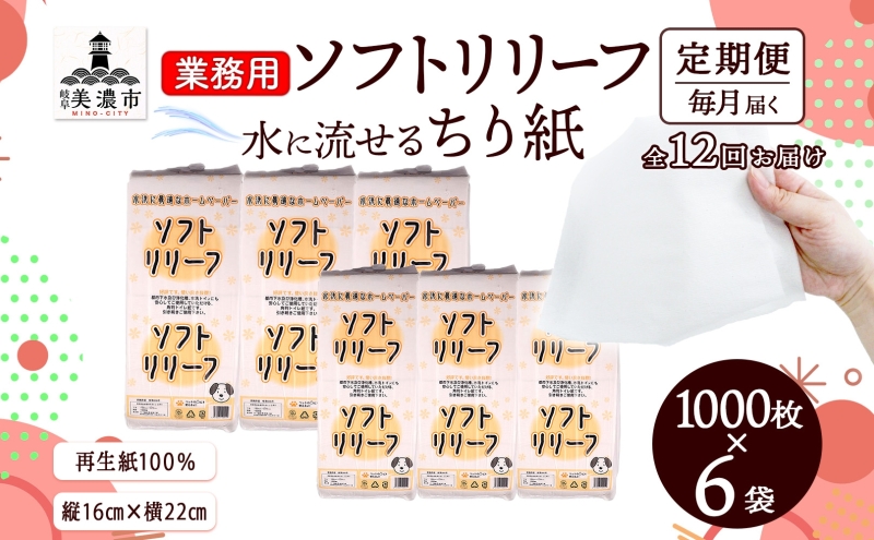 定期便 12ヵ月連続お届け ちり紙 リリーフ 1000枚×6袋 紙 無香料 ティッシュペーパー 落とし紙 ペーパー 紙 紙製品 日用品 消耗品 紙製品 ストック 備蓄 生活必需品 エコ まとめ買い トイレに流せる 介護 川一製紙 送料無料 岐阜県 美濃市　　　　　　　　