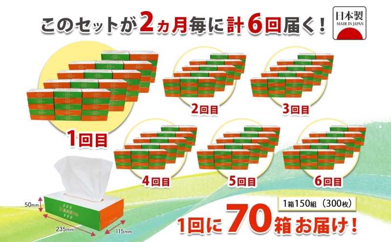 定期便 2ヶ月毎 全6回 ボックス ティッシュ 70箱 150組 300枚 ティッシュペーパー 紙 ペーパー BOX 日用品 備蓄 吸水 消耗品 生活用品 おすすめ 肌触り 防災 ストック 備蓄 生活応援 宮嶋商店 送料無料 岐阜県 【 】 