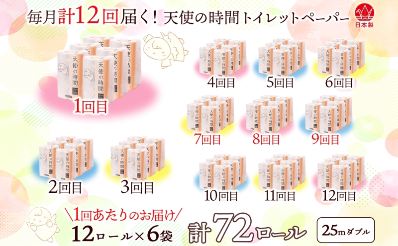 定期便12ヶ月 連続12回 トイレットペーパー 25ｍ ダブル 12ロール×6袋 計72ロール 天使の時間 紙 ペーパー 日用品 消耗品 リサイクル 再生紙 無香料 厚手 ソフト トイレ用品 備蓄 非常用 川一製紙岐阜県 美濃市