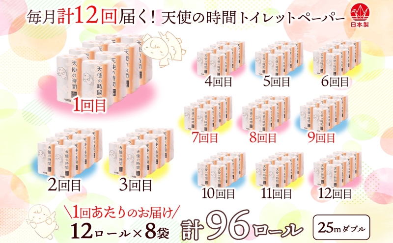 トイレットペーパー 定期便 12ヵ月 天使の時間 ダブル 25m 12ロール 8袋 計96ロール 定期 12回
