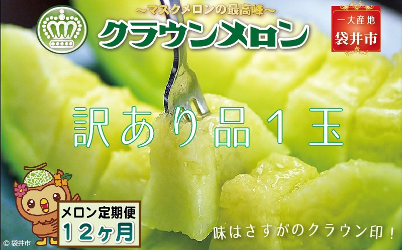【12ヶ月定期便】クラウンメロン（訳あり）1玉入 メロン デザート グルメ 果物 フルーツ 季節の果物 スイーツ 袋井市 静岡県
