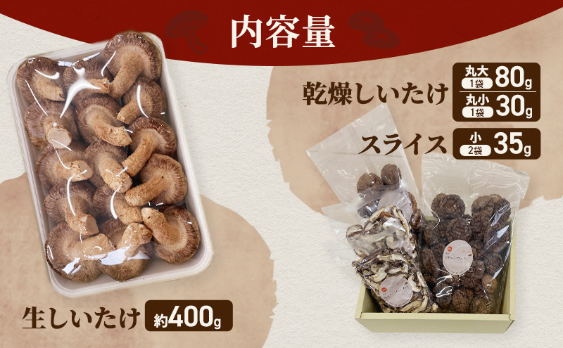 【遠州どまんなかしいたけ】 生しいたけ・乾燥しいたけセット (生しいたけ 約400g , 乾燥しいたけ　丸大 80g1袋 丸小 30g1袋 , スライス 小35g2袋)　干し椎茸 産地直送 国産 料理 素材 出汁 日本料理 就労支援 福祉 静岡 袋井
