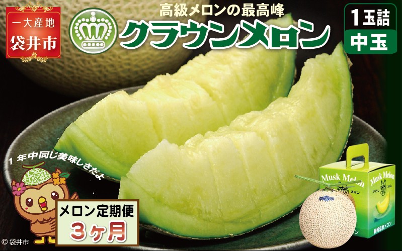 【3ヶ月定期便】クラウンメロン（白等級）中玉　1玉入 　果物 フルーツ デザート メロン マスクメロン 青肉 高級 ギフト 贈り物 静岡県産 袋井市