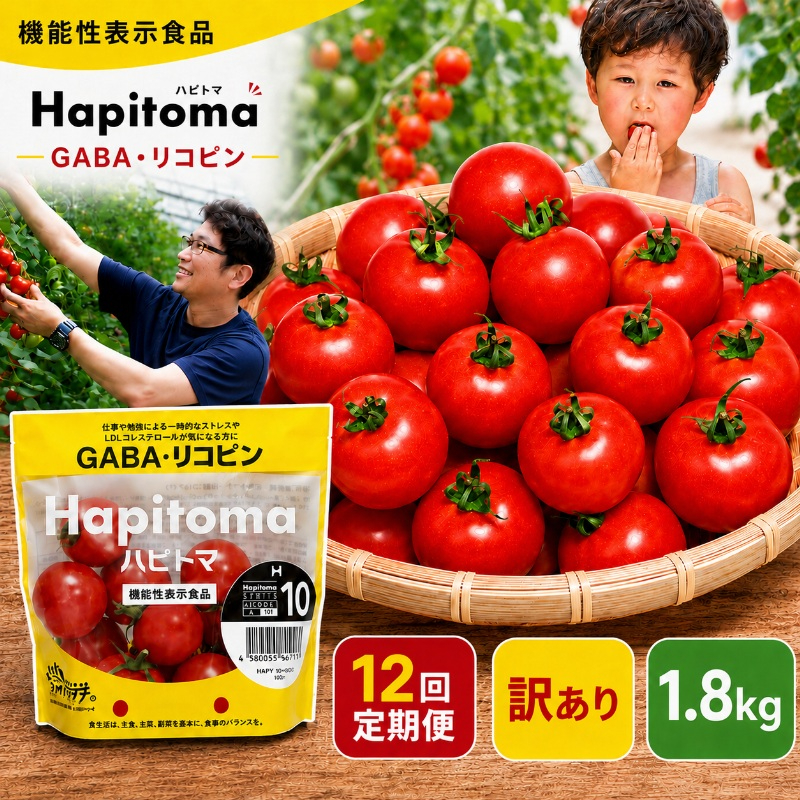 【12ヶ月定期便】機能性表示食品 Hapitoma ハピトマ 訳あり（1.8kg）【配送不可：北海道・沖縄・離島】健康 ヘルシー 人気 厳選  野菜 緑黄色野菜 産地直送 ダブル成分 GABA リコピン トマト 国産 静岡県産 袋井市産 食材 
