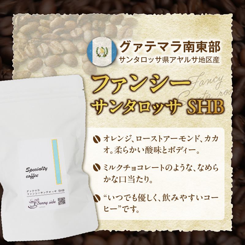 【こだわりの贅沢コーヒー】「Sunny side」の自家焙煎スペシャルティ珈琲　グァテマラ ファンシー サンタロッサ SHB（100g） こだわりの贅沢コーヒー Sunny side 自家焙煎 スペシャルティ珈琲 SHB 100g 選べる 豆 粉 スペシャルティ コーヒー 厳選 高品質 アラビカ種 コーヒー豆 独特 ご褒美 愛知県 小牧市 送料無料