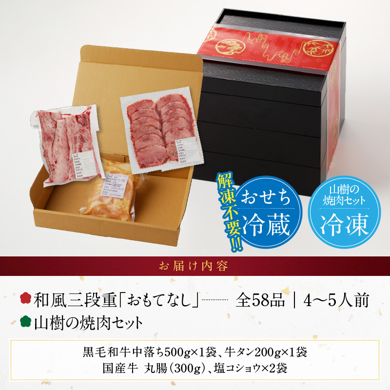山樹の焼肉セット と 千賀屋謹製 迎春おせち料理 和風三段重「おもてなし」セット 山樹 焼肉 セット 千賀屋 謹製 迎春 おせち 料理 和風 三段重 おもてなし 4人前 5人前 迎春セット 冷蔵おせち 牛タン ホルモン 黒毛和牛 カルビ 年末 年始 お取り寄せ 愛知県 小牧市 送料無料