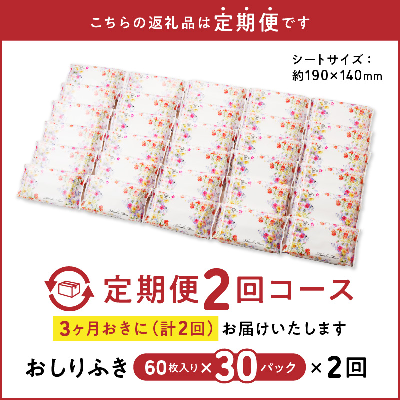 【ふるさと納税】定期便 2回 おしりふき 30パック ( 60枚入り ) 厚手 凸凹シート 使用 水分たっぷり 純水 99％ ボタニカルモチーフ ウェットティッシュ ノンアルコール 無香料 無添加 デリケート 衛生用品 新生児 赤ちゃん お肌 優しい ベビー用品 キッズ 送料無料 ウエットティッシュ ウェットティッシュ ウエットシート ウェットシート