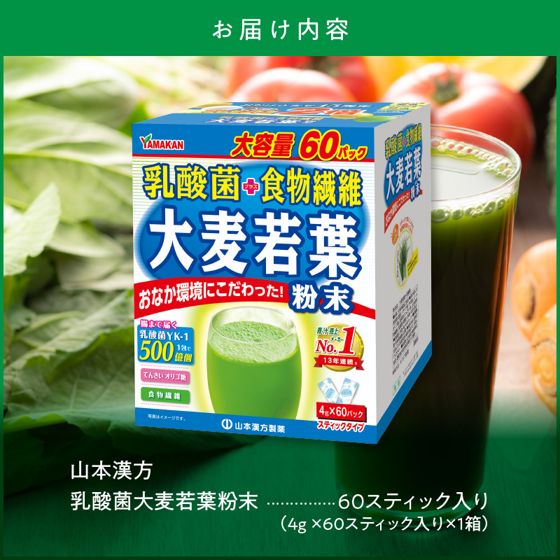 青汁 ドラッグストア売上No.1 乳酸菌プラス 大麦若葉100％ 山本漢方 徳用 60スティック　粉末 抹茶風味 無添加 健康食品 食物繊維
