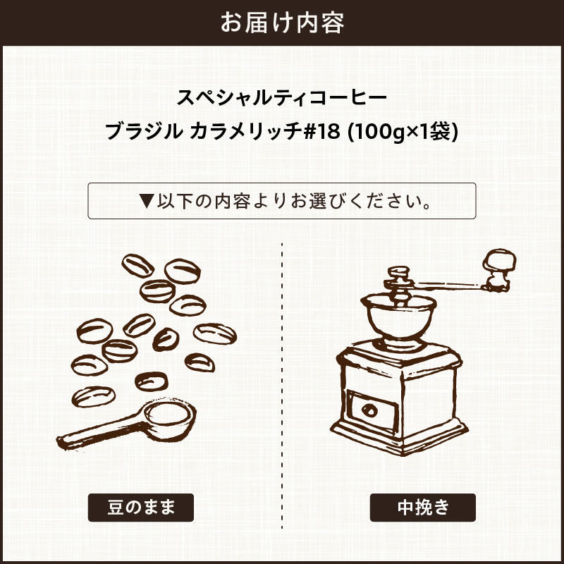 【こだわりの贅沢コーヒー】「Sunny side」の自家焙煎スペシャルティ珈琲　ブラジル カラメリッチ #18（100g） こだわりの贅沢コーヒー Sunny side 自家焙煎 スペシャルティ珈琲 100g 選べる 豆 粉 スペシャルティ コーヒー 厳選 高品質 アラビカ種 コーヒー豆 独特 ご褒美 愛知県 小牧市 送料無料