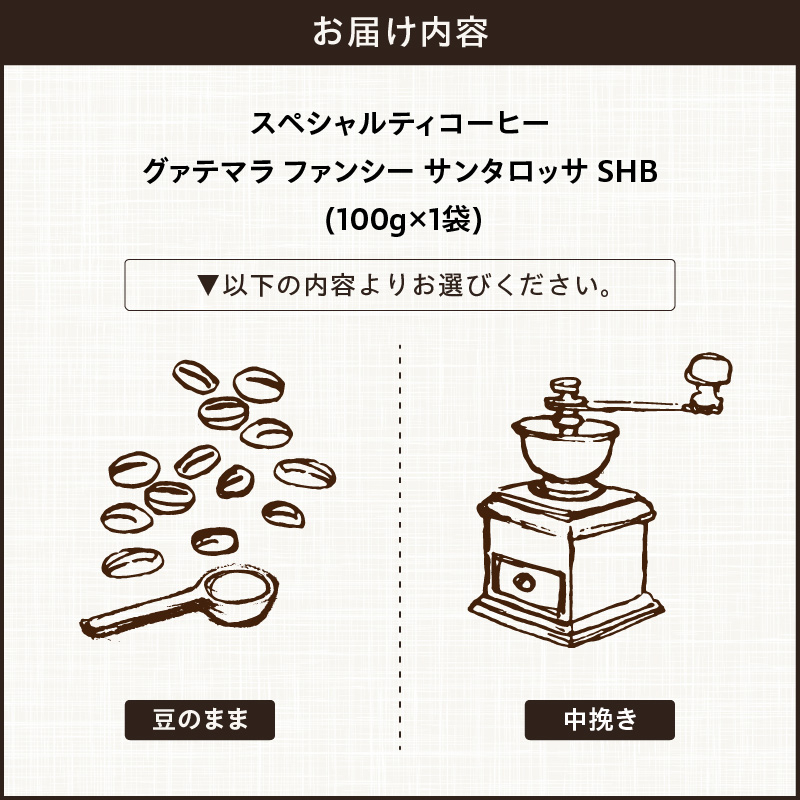 【こだわりの贅沢コーヒー】「Sunny side」の自家焙煎スペシャルティ珈琲　グァテマラ ファンシー サンタロッサ SHB（100g） こだわりの贅沢コーヒー Sunny side 自家焙煎 スペシャルティ珈琲 SHB 100g 選べる 豆 粉 スペシャルティ コーヒー 厳選 高品質 アラビカ種 コーヒー豆 独特 ご褒美 愛知県 小牧市 送料無料