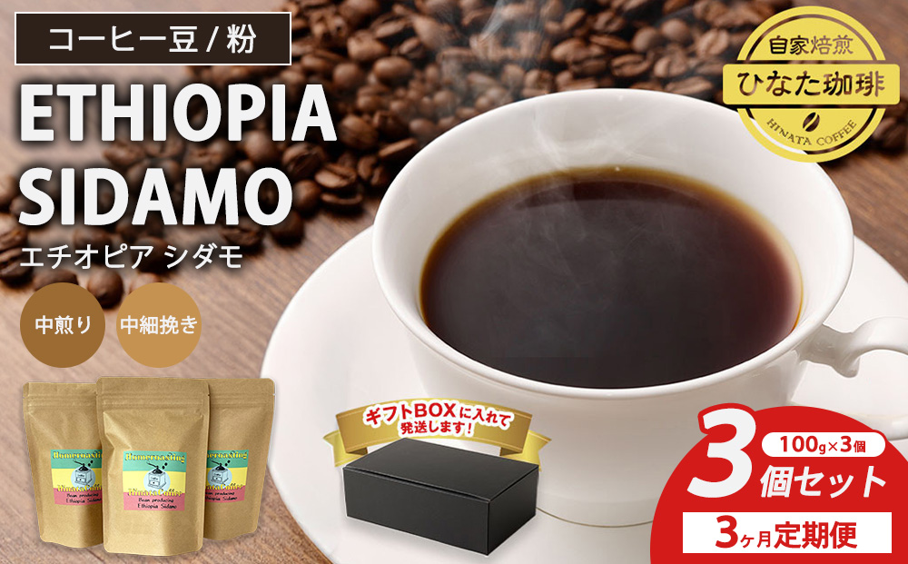 【3カ月定期便】コーヒー 豆 粉（エチオピア シダモ 中煎り 中細挽き）100g × 3個セット | ミディアムロースト ギフトBOX付き コーヒー 珈琲 自家焙煎 ひなた珈琲 幸田町 送料無料