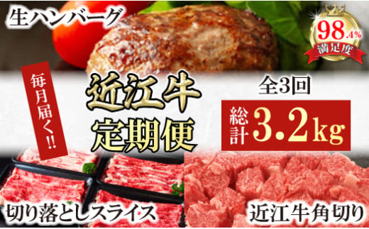 【定期便】近江牛定期便　ハンバーグ/切り落とし/角切り　全3回【FO54W】（国産牛　和牛　ブランド牛　ブランド和牛　黒毛和牛　牛肉　肉　高級　人気　おすすめ　神戸牛　松阪牛 に並ぶ 日本三大和牛 近江牛）