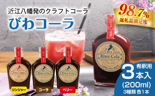 クラフトコーラシロップ「びわコーラ」3種飲み比べ 200ml×3本セット【DC07W】（滋賀県　近江八幡市）