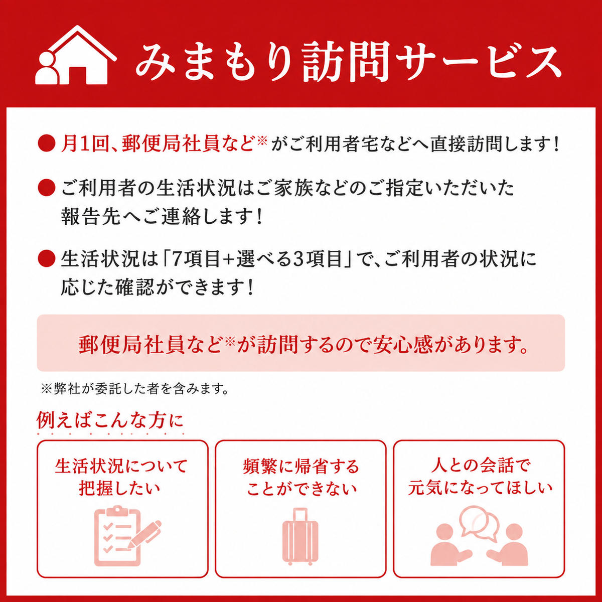 見守りサービス みまもり訪問 郵便局のみまもりサービス みまもり訪問サービス（3か月間） 見守り 定期訪問 お年寄り 遠方 両親 安心 月1回訪問 生活状況報告 滋賀県 豊郷町