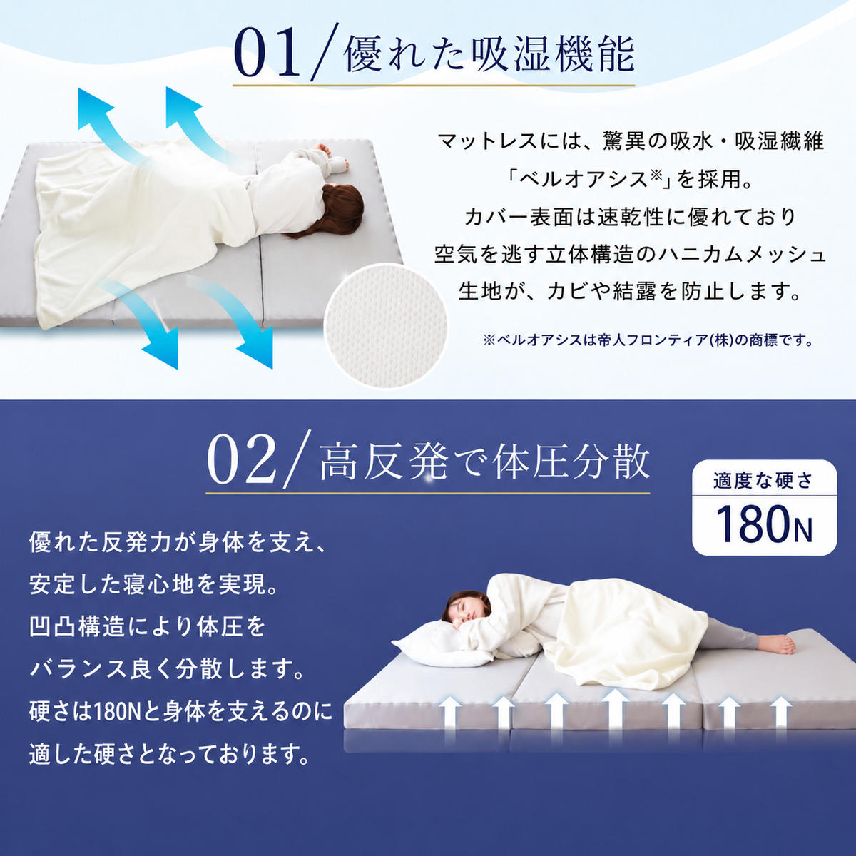 マットレス 寝具 三つ折り シングル 体圧分散マットレス 高反発 アキレス 点で支える 体圧分散 さらさら 吸湿マットレス 8cm 三つ折りマットレス 折りたたみ シングルマットレス ベルオアシス 日用品 滋賀県 豊郷町