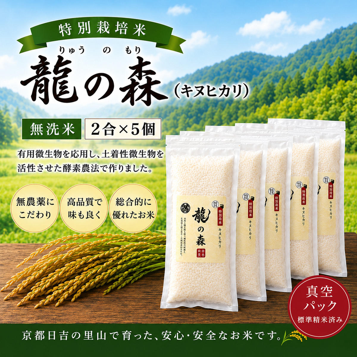 特別栽培米 「 龍の森 」( キヌヒカリ )　300g×5パック お米 きぬひかり 無洗米 真空パックでお届け 米 コメ 精米 無洗米 白米 ごはん 白飯 京都府 南丹市