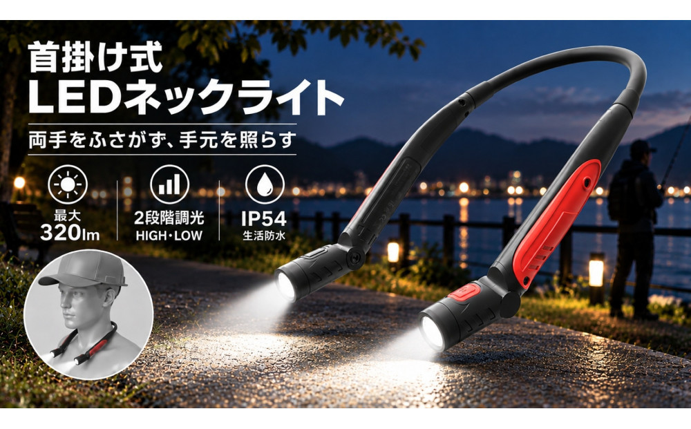 LEDネックライト 首にかけても重くない軽量設計 充電式 フレキシブルアーム 軽い 釣り フィッシング アウトドア レジャー 防災 HL-27K
