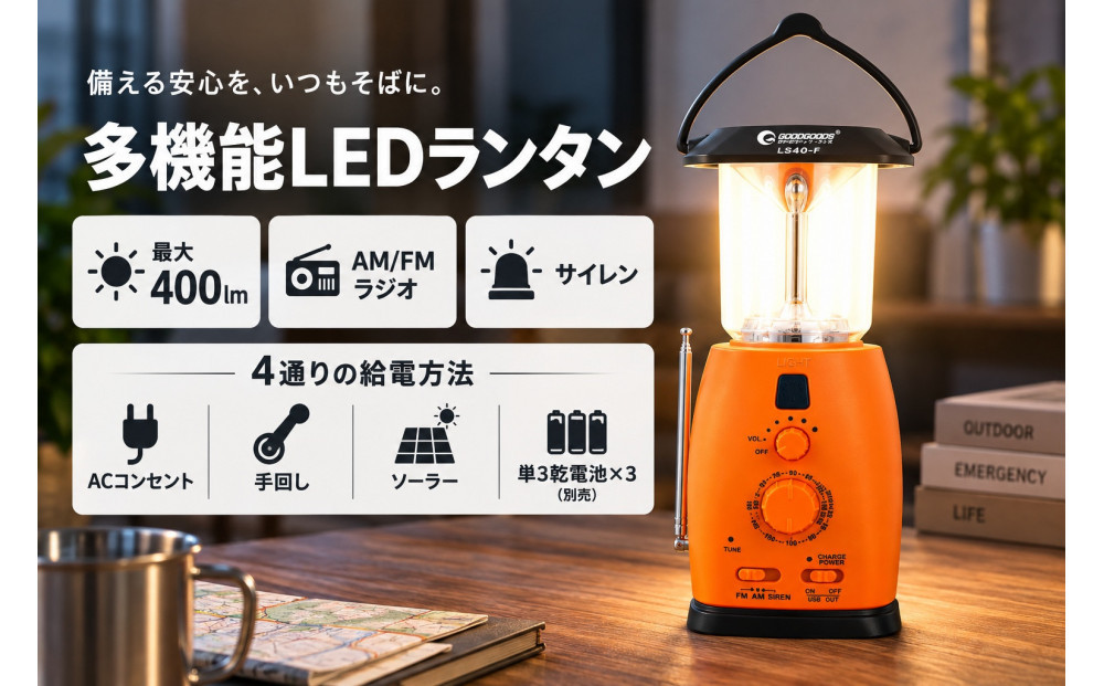 サイレン付 ラジオランタン 乾電池対応 4WAY電源 多機能 防災 ランタン ソーラーライト ラジオ 災害用 台風 地震 防災グッズ 停電対策 LEDランタン 防災ラジオ サイレン USB出力 AMラジオ FMラジオ 手回し 充電 ダイナモ モバイルバッテリー USB出力 キャンプ 停電対策 緊急用 LS40-F