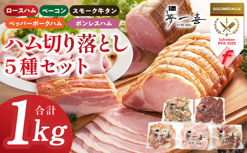 ハム 切り落とし 5種セット 合計1kg【ロースハム ベーコン スモークタン ペッパーポークハム ボンレスハム切り落とし 人気総菜 訳あり サイズ不揃い】