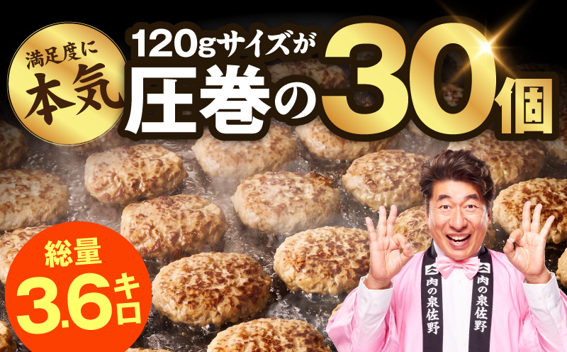 肉の泉佐野 ハンバーグ 30個（合計3.6kg）【黒毛和牛 なにわポーク入り 120g×30個 小分け 冷凍 ストック 人気 総菜 はんばーぐ 訳あり 簡単調理 おかず お弁当】