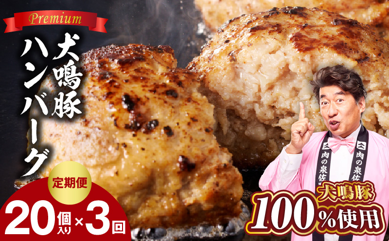 【泉佐野ブランド豚】犬鳴豚の手作りプレミアムハンバーグ（20個入り）×3回【国産 豚肉 ぶたにく 定期便 犬鳴ポーク 普段使い】